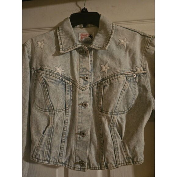 Vintage Dakota Blue Cropped Jean Jacket Size Medium Stars Embroidered Light Wash - Picture 2 of 7